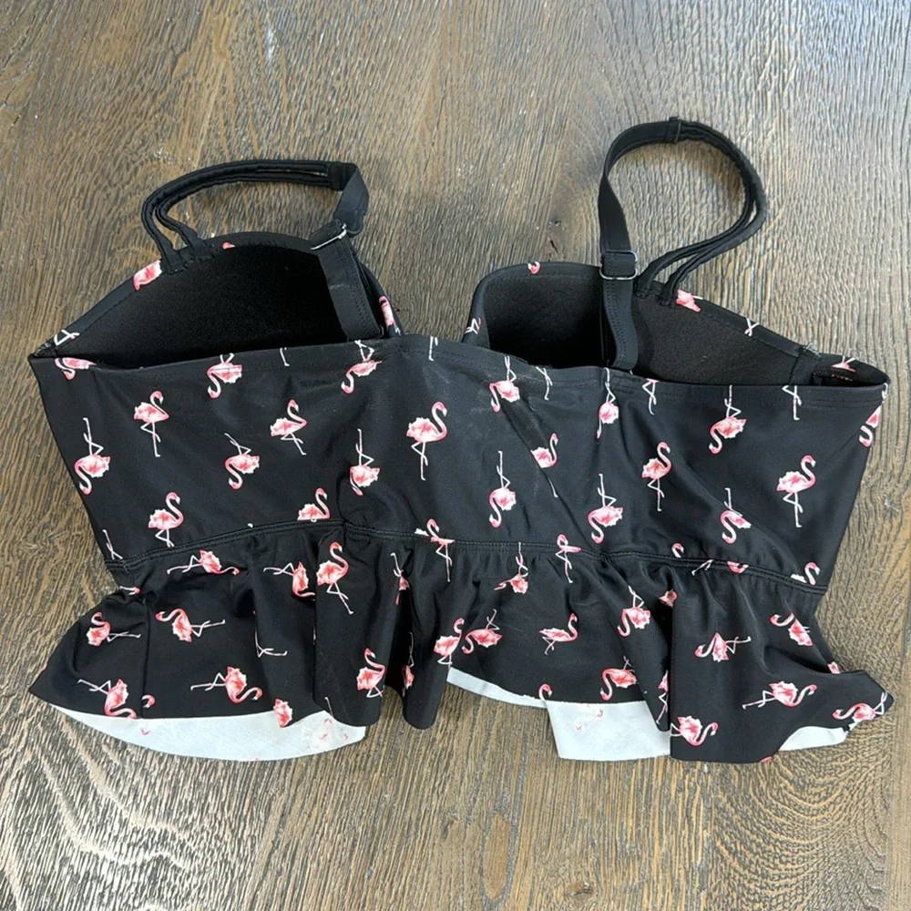 Plus Size Black Flamingo Peplum Swim Top